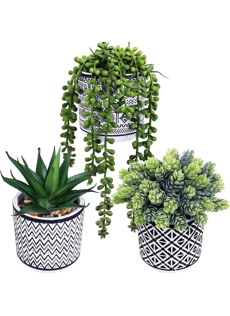 Winlyn Winlyn 3 Pcs Small Potted Succulents Plants Artificial String of Pearls Aloe Hops Succulents in Black Geometric Concrete Pots for Gifts Modern Home Bathroom Window Table Indoor Outdoor Greenery Dcor  - Image 1