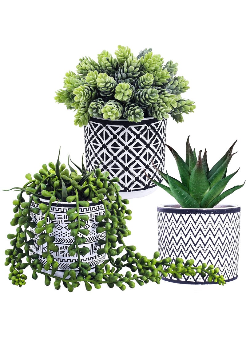 Winlyn Winlyn 3 Pcs Small Potted Succulents Plants Artificial String of Pearls Aloe Hops Succulents in Black Geometric Concrete Pots for Gifts Modern Home Bathroom Window Table Indoor Outdoor Greenery Dcor  - Image 2
