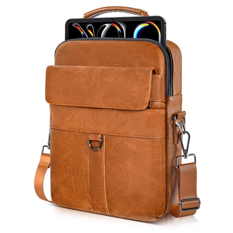 imComor 11 Inch Tablet Shoulder Bag Leather Carrying Case for 11 inch iPad A16, iPad Pro 11 inch M5 M4/ iPad Air 11" M3 M2 2025 with Magic Keyboard, Vertical Laptop Sleeve Messenger Computer Bag, Brown - Image 1