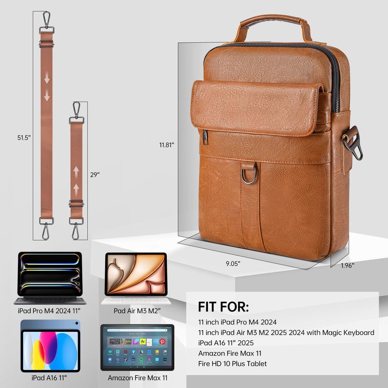 imComor 11 Inch Tablet Shoulder Bag Leather Carrying Case for 11 inch iPad A16, iPad Pro 11 inch M5 M4/ iPad Air 11" M3 M2 2025 with Magic Keyboard, Vertical Laptop Sleeve Messenger Computer Bag, Brown - Image 3