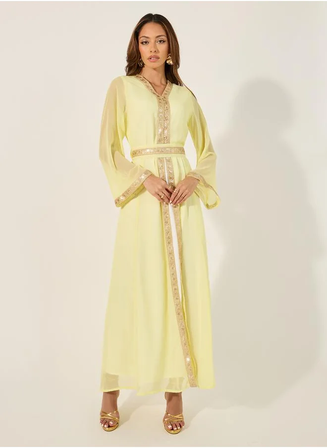 Styli Lace Insert V-Neck A-Line Belted Kaftan