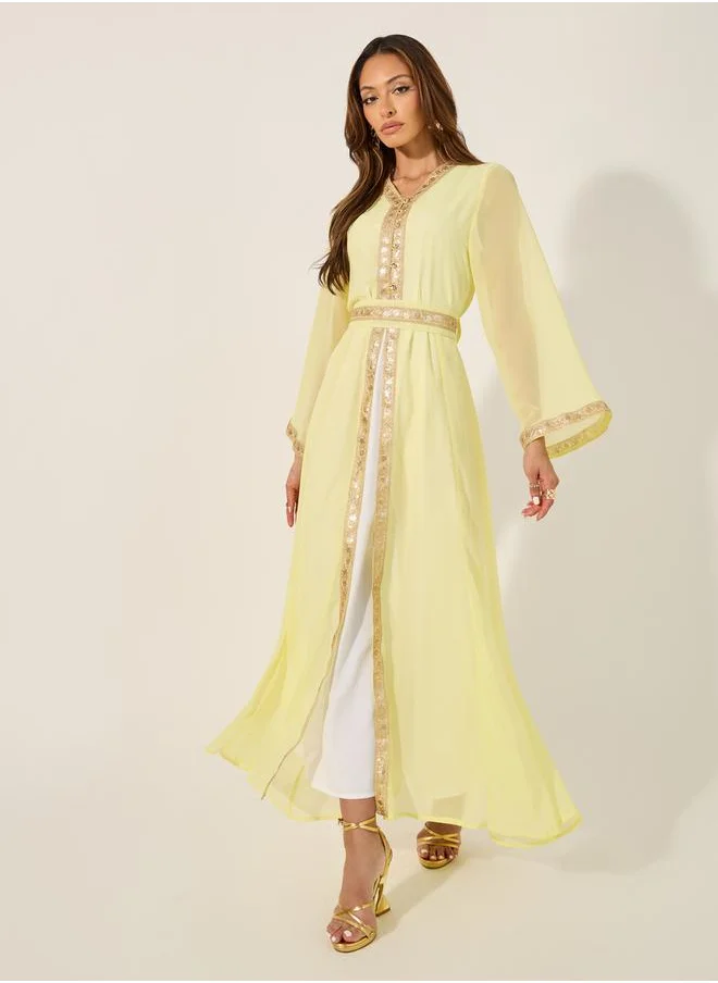 ستايلي Lace Insert V-Neck A-Line Belted Kaftan