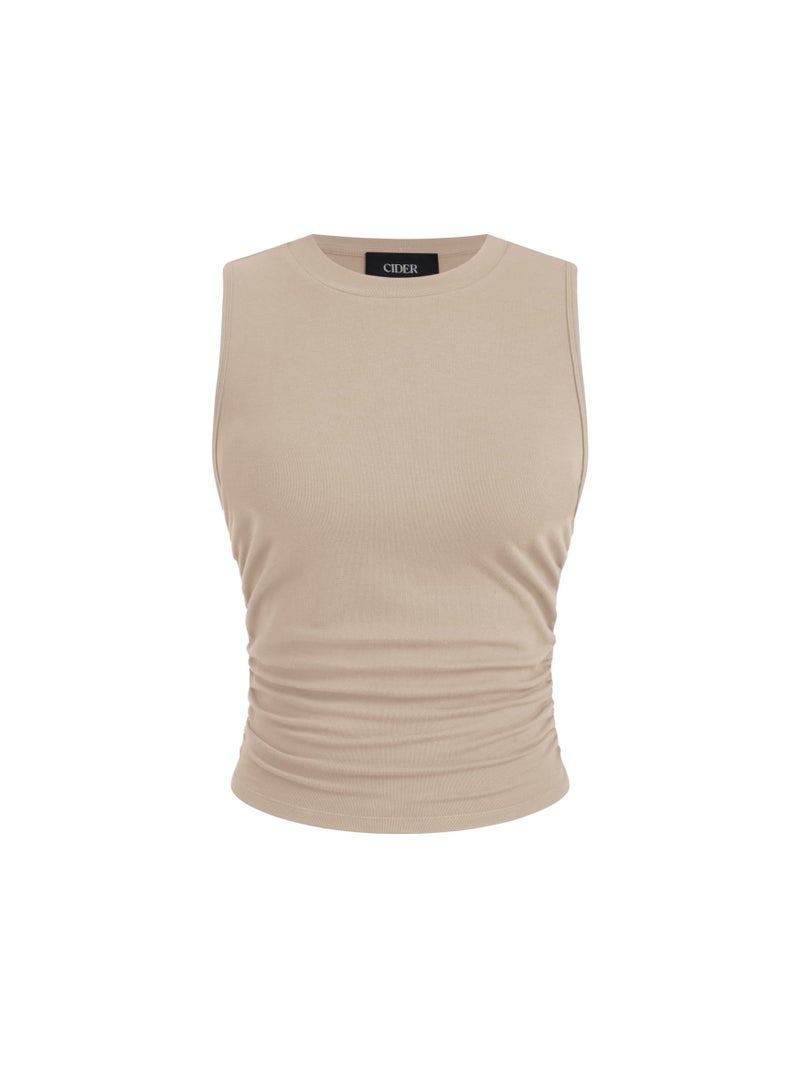 CIDER Crop Tops for Women Basic Sleeveless Ruched Going Out Summer Casual Ribbed Tank Top Beige - Image 1