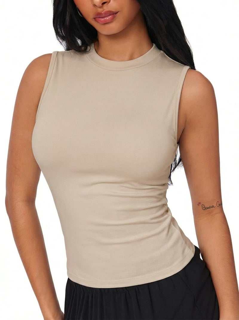 CIDER Crop Tops for Women Basic Sleeveless Ruched Going Out Summer Casual Ribbed Tank Top Beige - Image 2