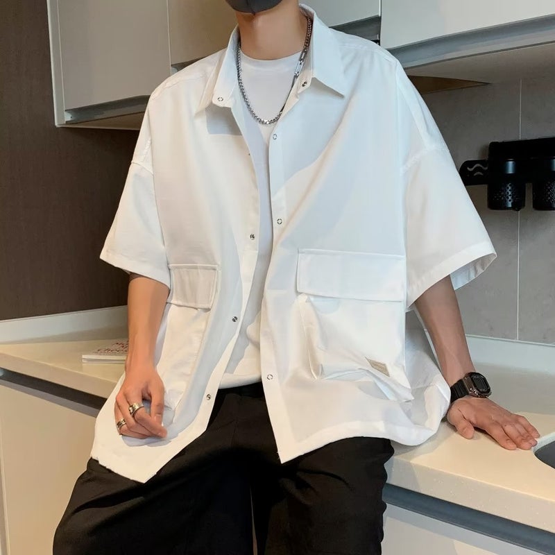 Workwear Shirt Mens Summer 2023 New Arrival Loose Casual Short-sleeved Shirt American Style Retro Trendy Brand Pluck Handsome Jacket Black  - Image 2
