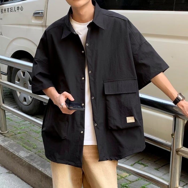 Workwear Shirt Mens Summer 2023 New Arrival Loose Casual Short-sleeved Shirt American Style Retro Trendy Brand Pluck Handsome Jacket Black  - Image 1