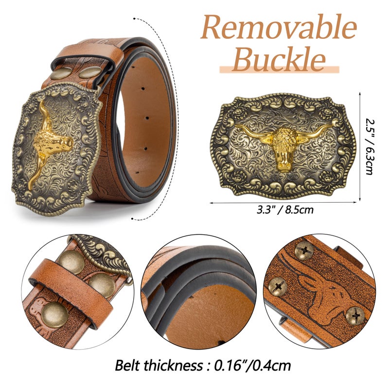 Mawjom Western Cowboy PU Leather Belt - Men Waist Strap Bull Decoration Floral Engraved for Jeans 31" to 34" Waist - Image 2