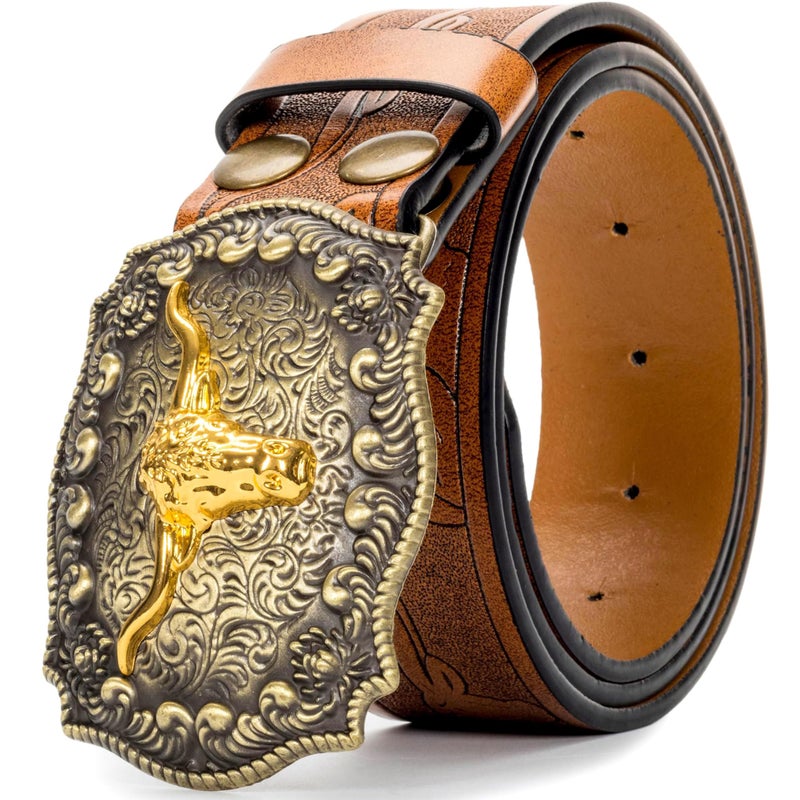Mawjom Western Cowboy PU Leather Belt - Men Waist Strap Bull Decoration Floral Engraved for Jeans 31" to 34" Waist - Image 1