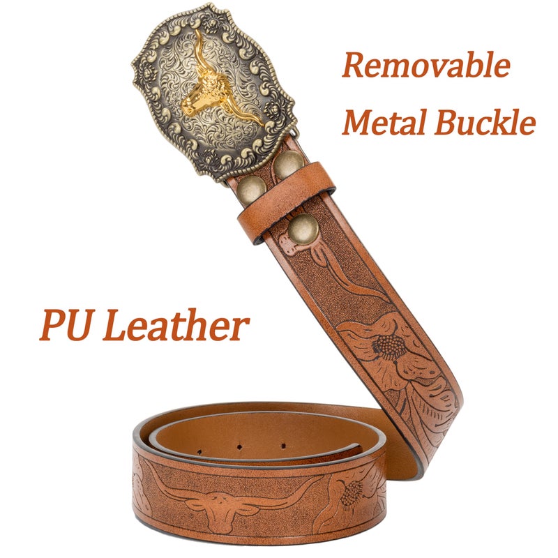 Mawjom Western Cowboy PU Leather Belt - Men Waist Strap Bull Decoration Floral Engraved for Jeans 31" to 34" Waist - Image 4