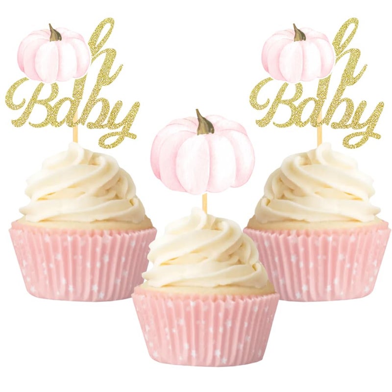 Aukolass Pumpkin Oh Baby Cupcake Toppers  Fall Pumpkin Cupcake Picks Pumpkin Themed Baby Shower Birthday Thanksgiving Halloween Party Cake Decorations Supplies - Set of 24 (baby peach) - Image 1