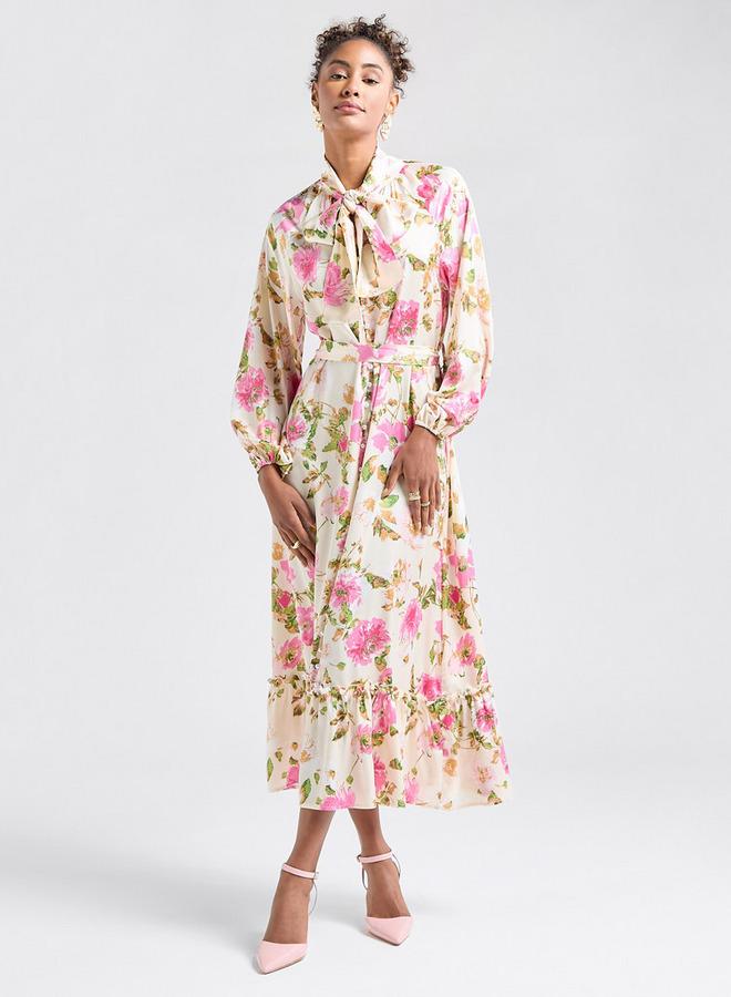 سبلاش فيڤ فستان قميص بأكمام طويلة وحافة واسعة وطبعات - Image 2