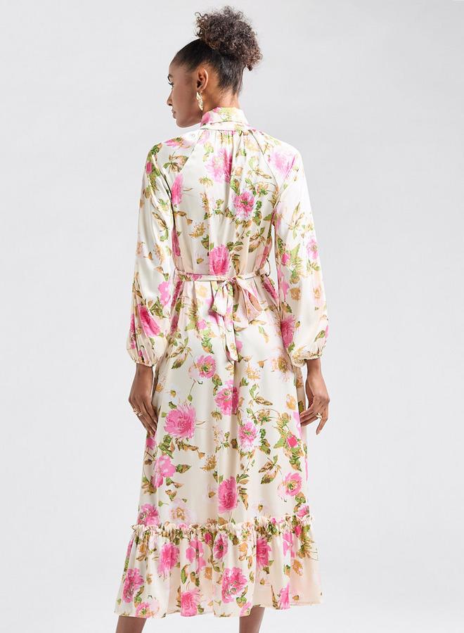 سبلاش فيڤ فستان قميص بأكمام طويلة وحافة واسعة وطبعات - Image 3