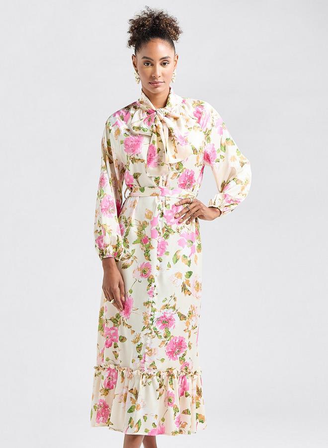 سبلاش فيڤ فستان قميص بأكمام طويلة وحافة واسعة وطبعات - Image 1