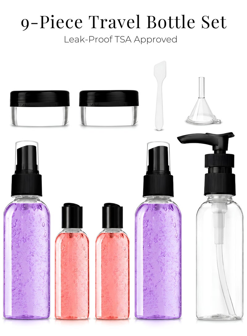 MOMENT 9-Piece Travel Toiletry Bottle Set, 2oz/60ml TSA Approved Leak-Proof Refillable Containers with Spray, Pump, Jars, Funnel & Clear Travel Bag - Image 1