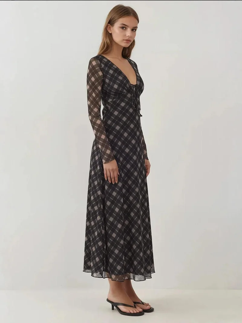 زوبعة فستان ضيق أنيق بياقة على شكل حرف  متوسط الطول كاروهات