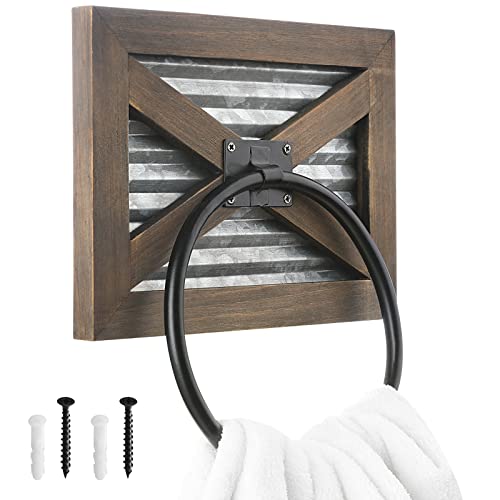 KULEDM KULEDM Farmhouse Bathroom Rustic Towel Ring with Galvanized Metal& Black Metal - Rustic Warm Brown Wood Wall Mount Hand  - Image 2