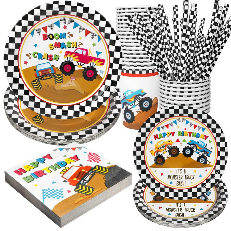 Monster Truck Party Supplies Decorations Kids Birthday Paper Plates and Napkins Set with Cups and Straws for 24 Guests 120 Pcs Disposable Party Dessert Dinnerwares