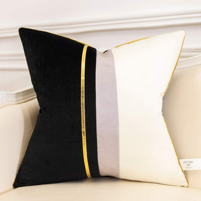 Avigers 18 x 18 Inches Black White Gold Leather Striped Patchwork Velvet Cushion Case Luxury Modern Throw Pillow Cover Decorative Pillow for Couch Living Room Bedroom Car