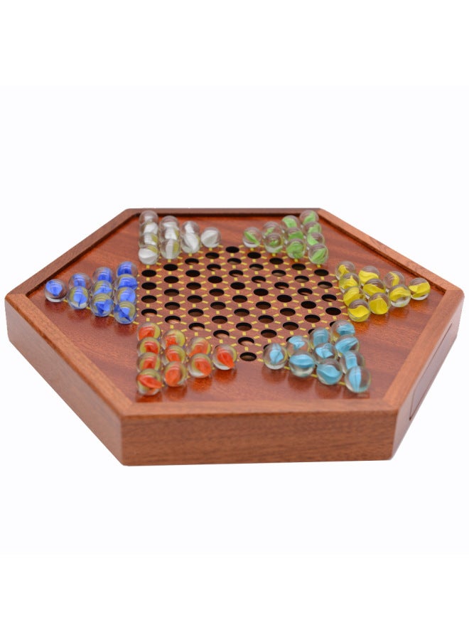Wooden Tabletop Game Jumping Chess Glass Balls Portable Drawer Storage Competitive Intelligence Toys-Color:Hexagon Checkers Drawer Glass Beads - Image 2
