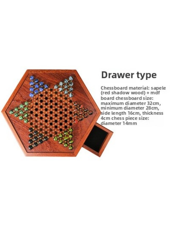Wooden Tabletop Game Jumping Chess Glass Balls Portable Drawer Storage Competitive Intelligence Toys-Color:Hexagon Checkers Drawer Glass Beads - Image 1
