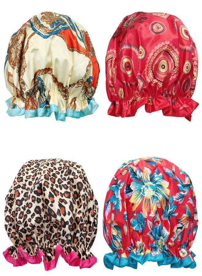 Wrapables® Stylish Double Layer Waterproof Shower Caps (Set of 4), Retro Floral - Image 1