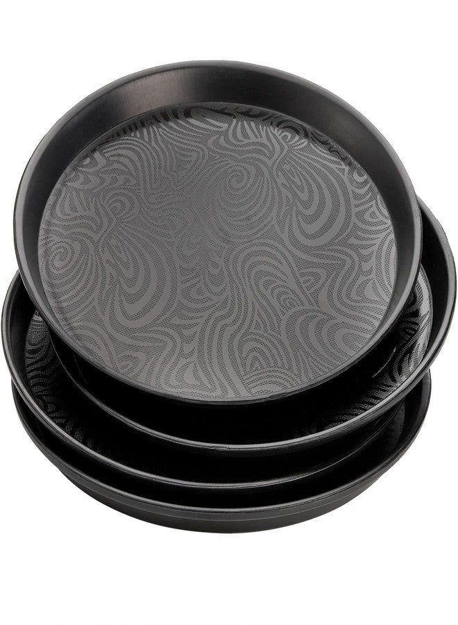 Hacaroa 4 Pack Round Restaurant Serving Trays, 11.5 Inch Plastic Food Service Trays Non-Skid Food Platter for Cafeteria, Bar, Coffee Shop, Hotel, Tailed Lines, Black - Image 1
