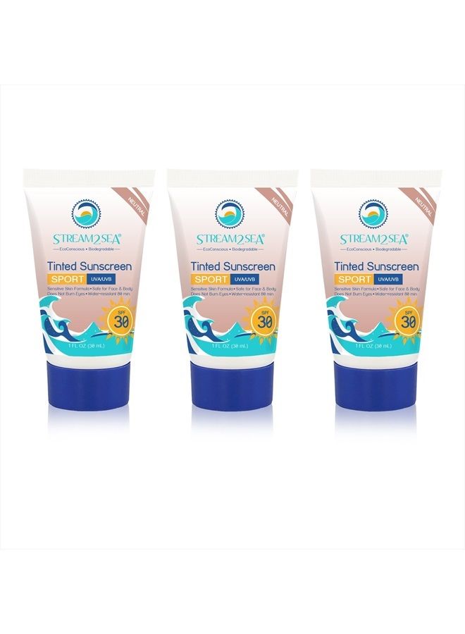 STREAM 2 SEA SPF 30 Tinted Sunscreen Biodegradable and Reef Safe, 1 Fl oz Pack of 3 Travel Size Paraben Free Non Greasy and Moisturizing Mineral Sunscreen For Face, Body Protection Against UVA and UVB - Image 1