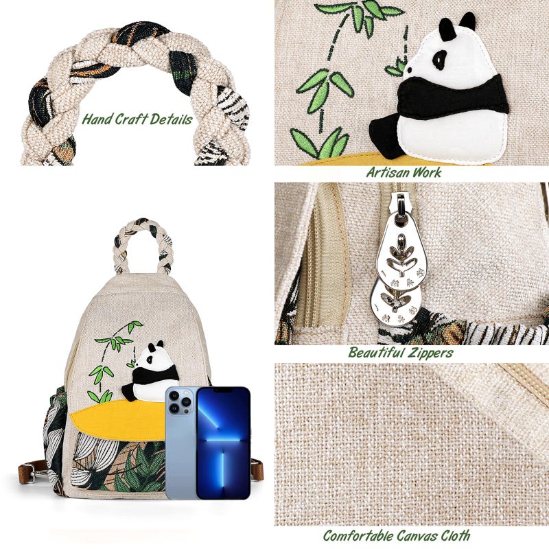 AULUDA Ladys Convertible Sling Bag, Hand Craft Artisan Purse, Beautiful Canvas Premium Casual Day Mini Backpack for Women (Panda) - Image 5