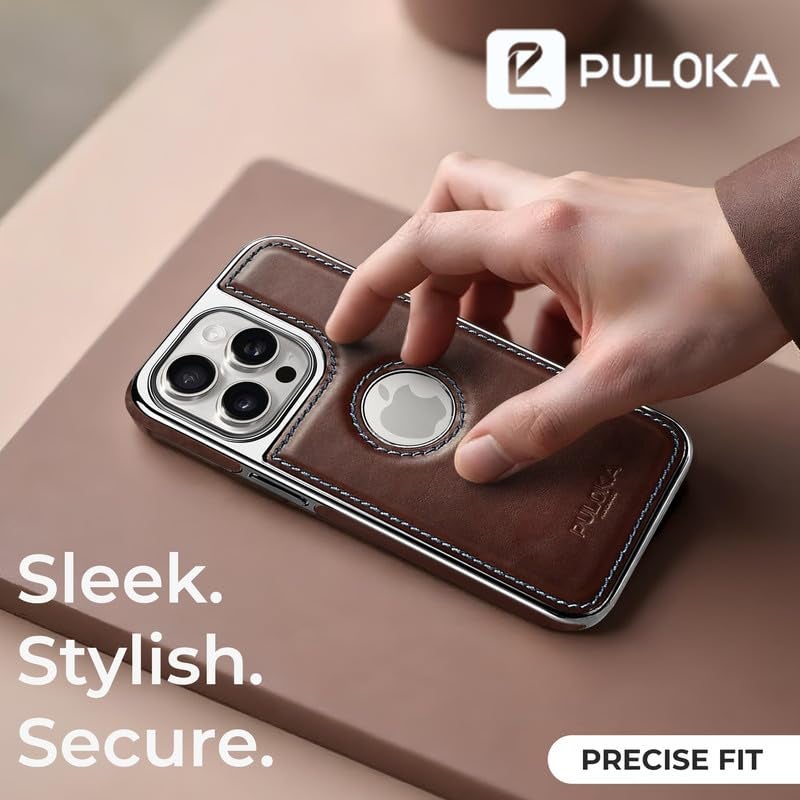 PULOKA Chrome Leather Back Case - Compatible with iPhone 14 Pro Max - Luxury Bumper Case - Flexible Vegan Leather - Electroplated Sides & Logocut - Full Camera Protetection & Raised Edges - Brown - Image 4