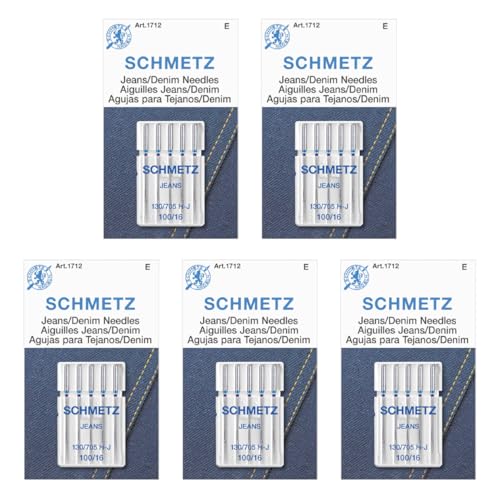 SCHMETZ Jean & Denim Sewing Machine Needles - Precision Needles for Heavy Fabric, Size 100/16, 5-Needle Cards, Pack of 5 - Image 1