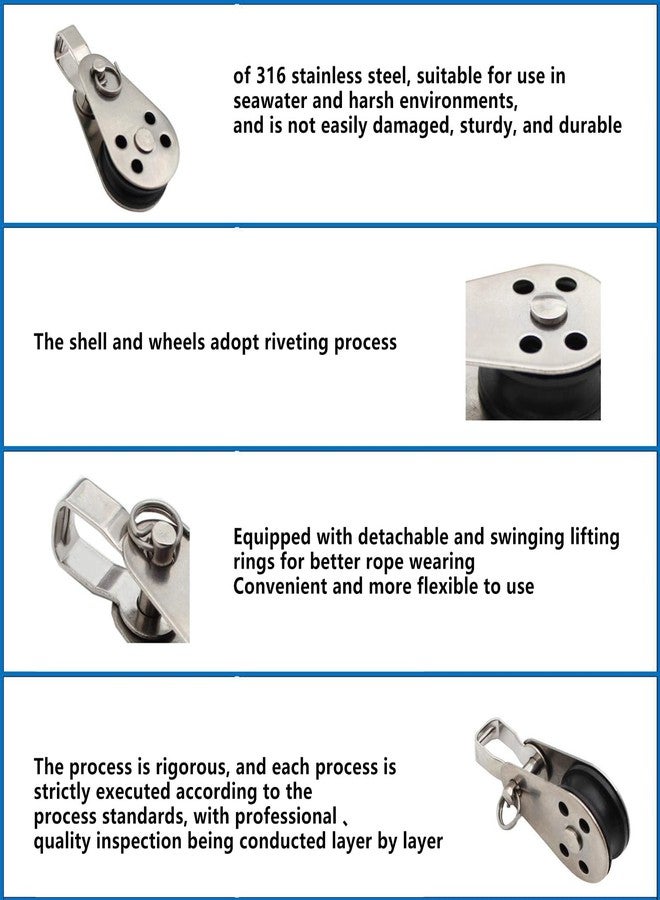 RUIFUU 4Pcs Stainless Steel Pulley,Kayak Pulley Nylon Marine Pulley Block Rope Runner Single Pulley Bearing Block Rope Runner for Most 0.08"/2mm to 0.32"/8mm Diameter Ropes - Image 4