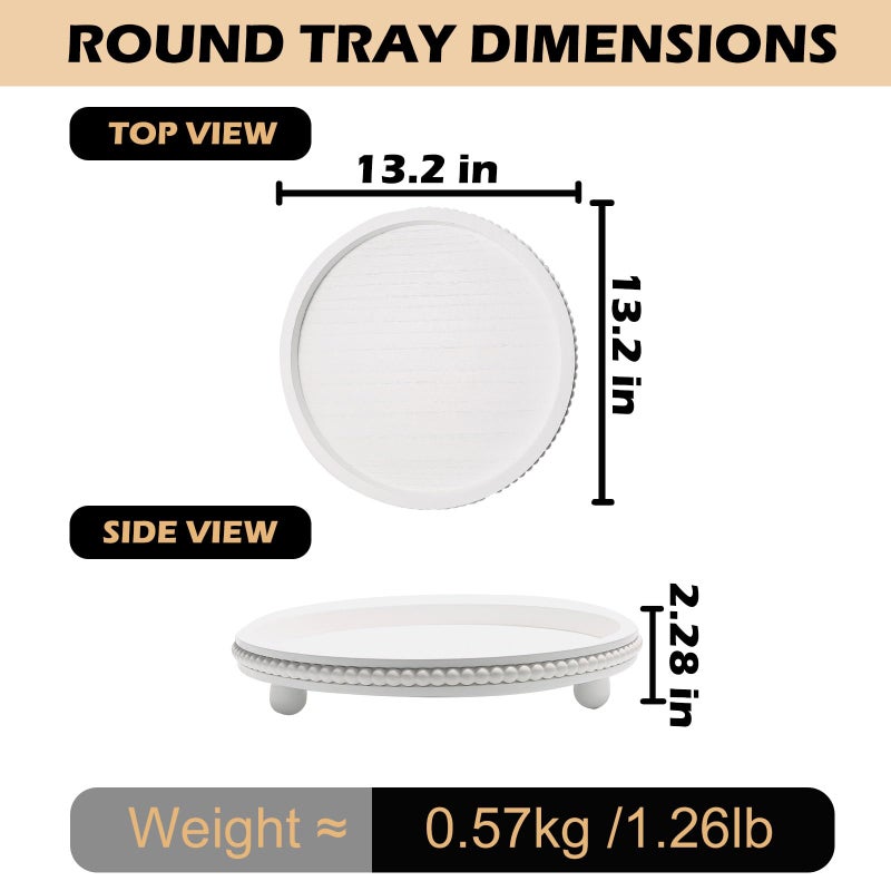 SYNCVIBE Wooden Beaded Decor Tray for Coffee Table, Rustic Wooden Trays Table Centerpieces, Decorative Trays for Home Decor Kitchen Table Farmhouse Serving Tray (Round White) - Image 3