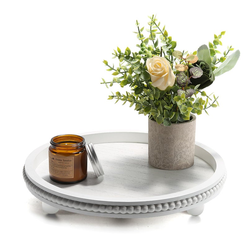 SYNCVIBE Wooden Beaded Decor Tray for Coffee Table, Rustic Wooden Trays Table Centerpieces, Decorative Trays for Home Decor Kitchen Table Farmhouse Serving Tray (Round White) - Image 1