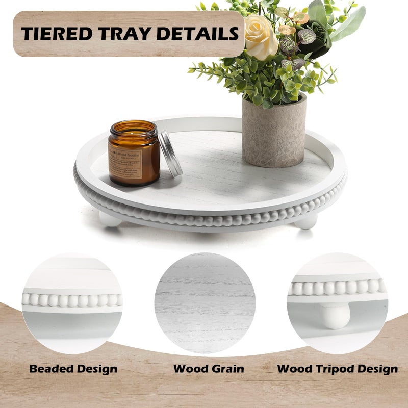 SYNCVIBE Wooden Beaded Decor Tray for Coffee Table, Rustic Wooden Trays Table Centerpieces, Decorative Trays for Home Decor Kitchen Table Farmhouse Serving Tray (Round White) - Image 2