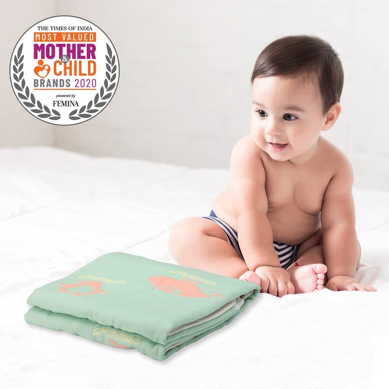 LuvLap 100% Muslin Cotton 6 Layered Reversible Baby Quilt Cum Wrapper Blanket - Green Giraffe - Image 4