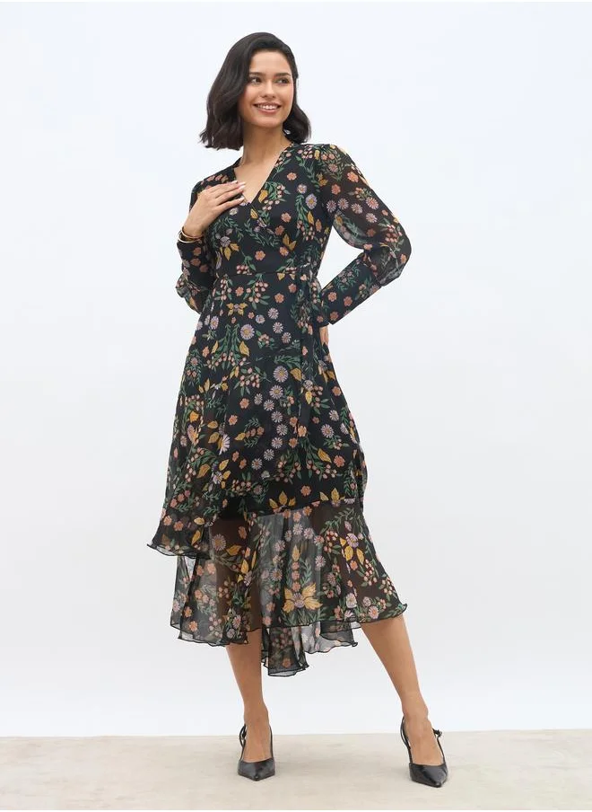 ستايلي Styli All-Over Print Asymmetric Hem Wrap Midi Dress