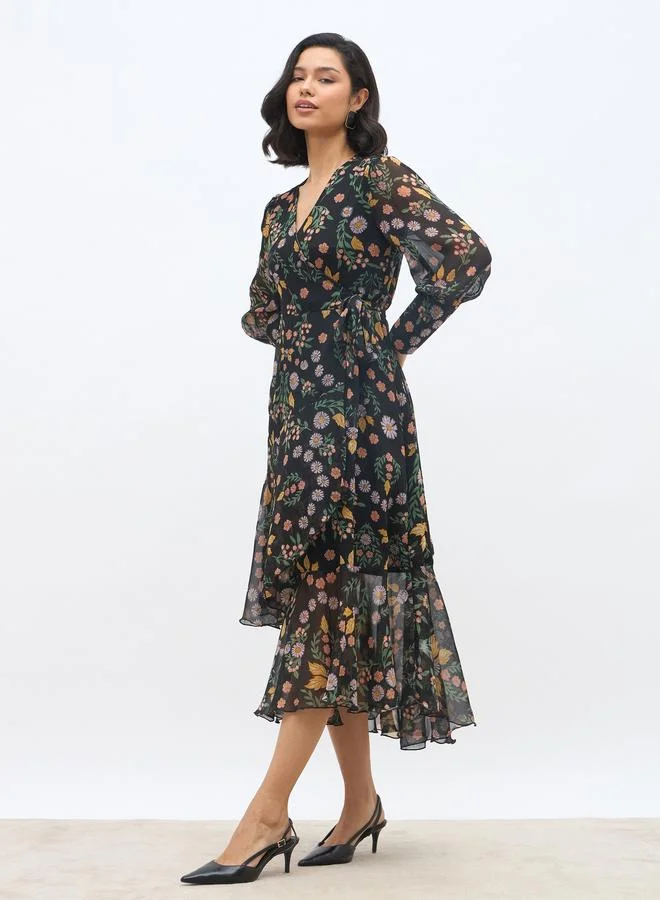 Styli Styli All-Over Print Asymmetric Hem Wrap Midi Dress
