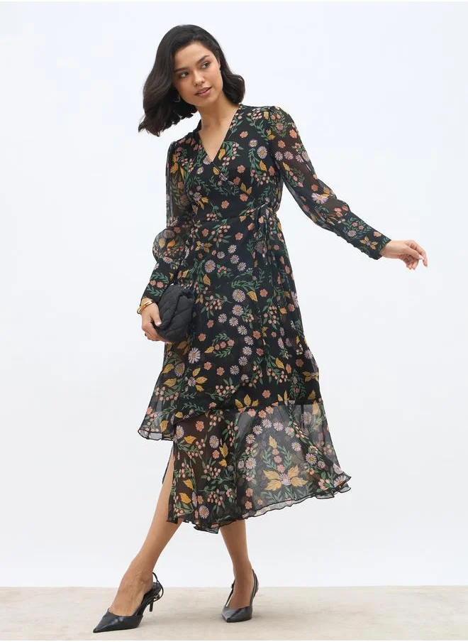 ستايلي Styli All-Over Print Asymmetric Hem Wrap Midi Dress