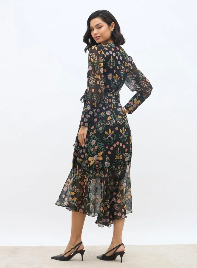 Styli Styli All-Over Print Asymmetric Hem Wrap Midi Dress