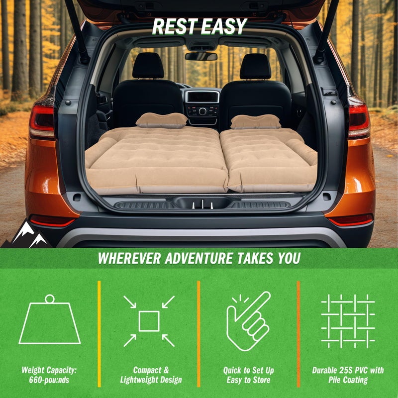 Wakeman Inflatable Mattress - Car Air Mattress for SUV or Tent with Aux Outlet Pump and 2 Inflatable Pillows - Car Camping Gear Outdoors (Beige) - Image 2