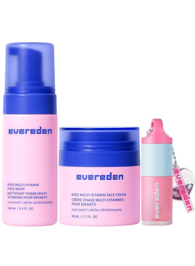 Evereden Happy Kids Skin & Lips Routine - Multi-Vitamin Face Wash & Face Cream Peach & Tinted Lip Oil Sakura Pink Set - Clean & Vegan Skin Care for Kids 3+ - Moisturizing, Nourishing, & Protective - Image 1