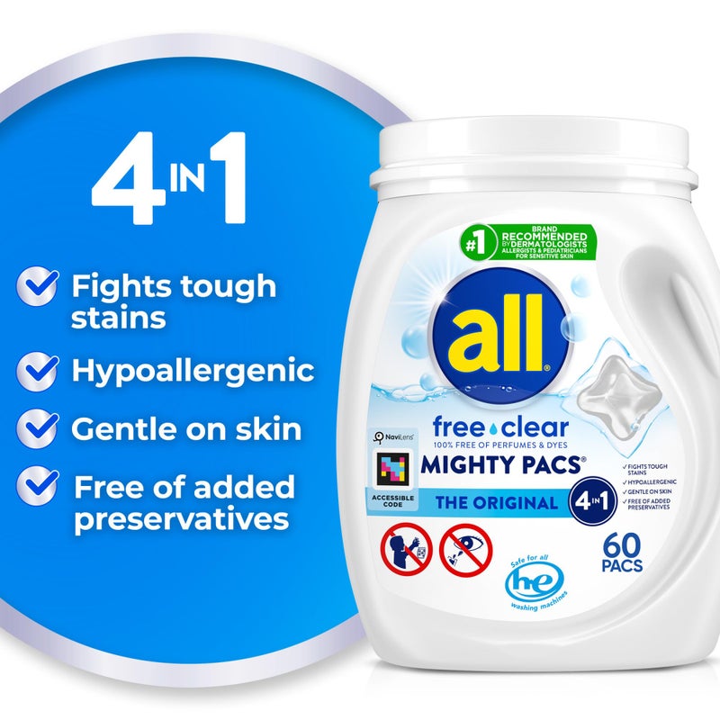 All Mighty Pacs Laundry Detergent, Free Clear for Sensitive Skin, Tub, 60 Count - Image 2