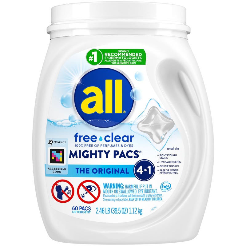 All Mighty Pacs Laundry Detergent, Free Clear for Sensitive Skin, Tub, 60 Count - Image 1