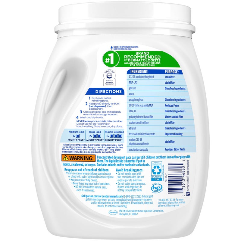 All Mighty Pacs Laundry Detergent, Free Clear for Sensitive Skin, Tub, 60 Count - Image 5