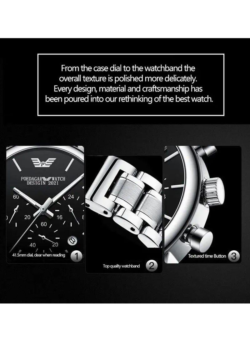 Men’s Chronograph Stainless Steel Waterproof Luminous Date Quartz Watch 42mm