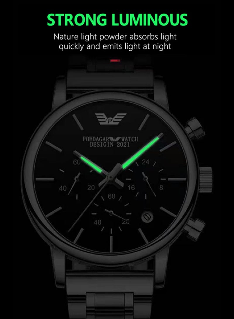 Men’s Chronograph Stainless Steel Waterproof Luminous Date Quartz Watch 42mm