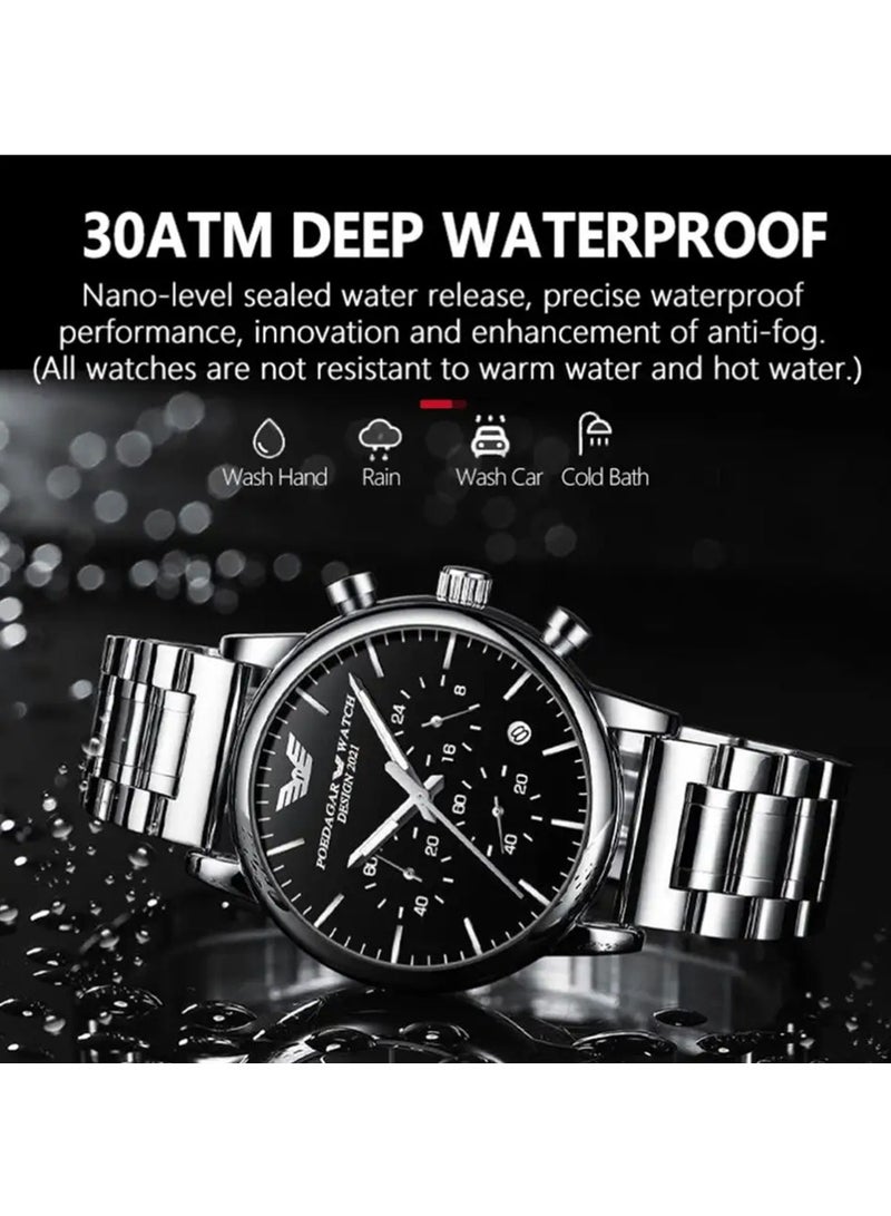 Men’s Chronograph Stainless Steel Waterproof Luminous Date Quartz Watch 42mm
