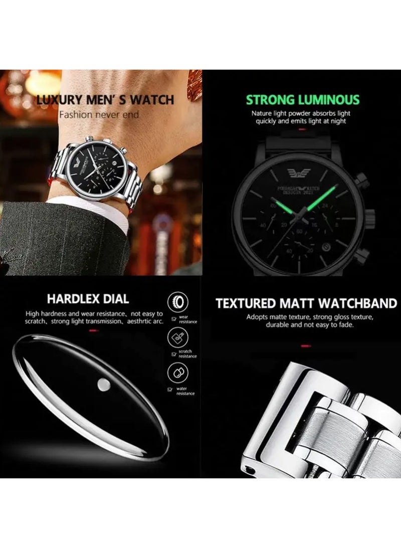 Men’s Chronograph Stainless Steel Waterproof Luminous Date Quartz Watch 42mm