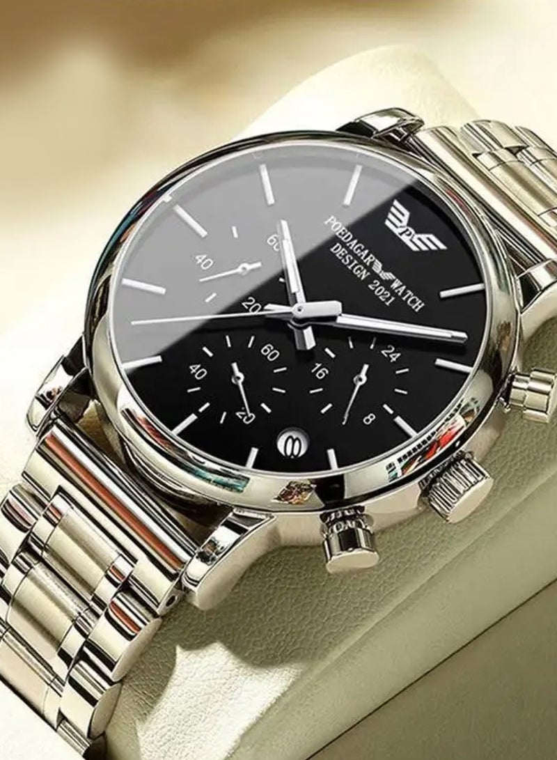 Men’s Chronograph Stainless Steel Waterproof Luminous Date Quartz Watch 42mm