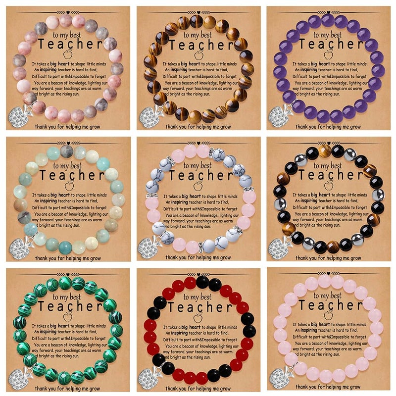 COLOYAN 9PCS Teacher Appreciation Gifts Natural Stone Beaded Bracelets for Women Men, Crystals Bracelet Gifts for Teacher, Thank You Teacher Gifts with Meaningful Card - Image 1